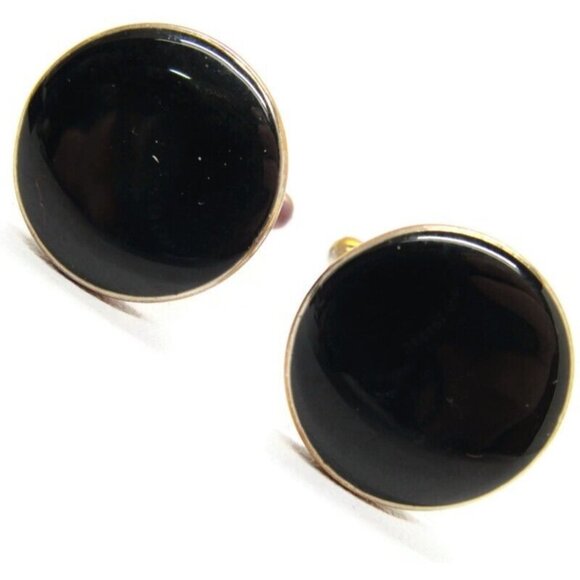 Vintage Cufflinks Round Gold Tone Black Shirt Accessories Wedding - Picture 1 of 13